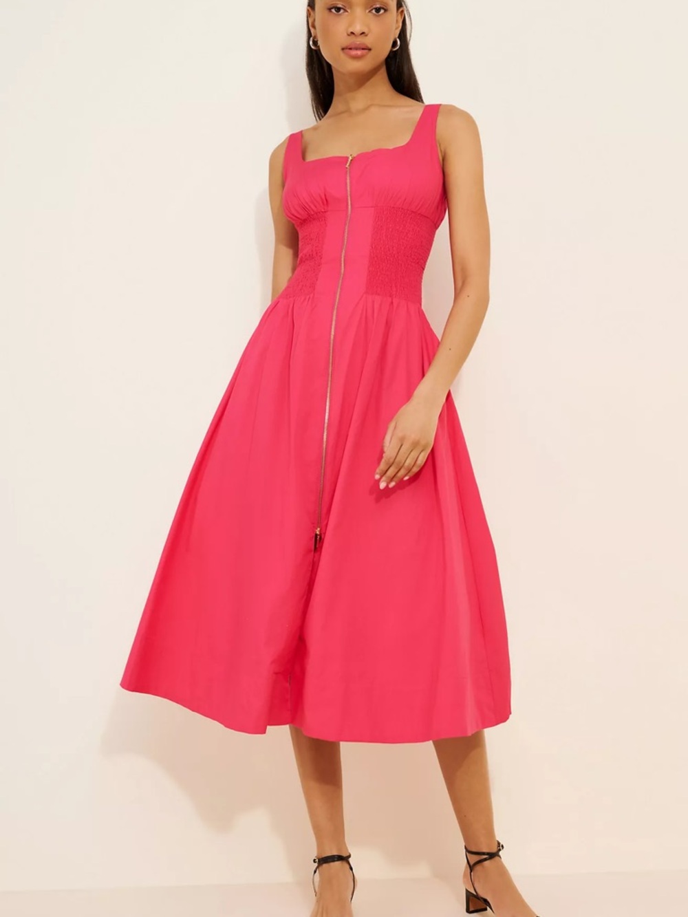 Anthropologie Square Neck Zip-Front Hot Pink Midi Dress